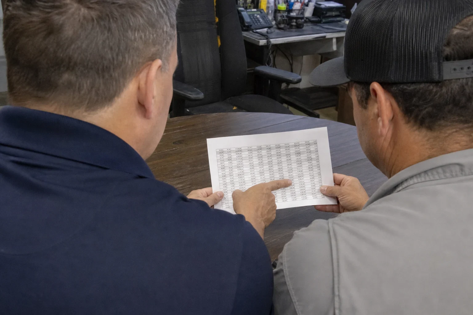 Over-the-shoulder view of two men at a round wooden table reviewing a printed table of figures, one pointing at a column, with an office desk and phone behind