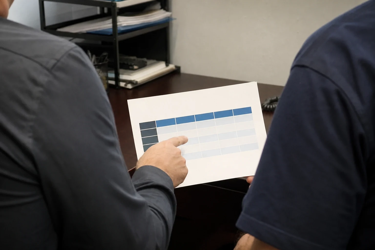 Over-the-shoulder view of two men at a dark office desk, one pointing to a printed blue-and-gray table on a sheet the other is holding, with a wire shelf of papers behind.