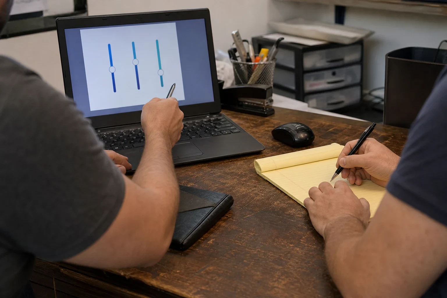 Two people at a worn wooden office desk, one pointing a pen at slider controls on a laptop screen while the other takes notes on a yellow legal pad