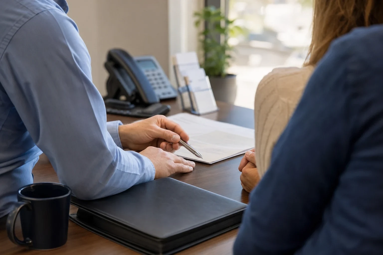 Over-the-shoulder view of an agent in a blue shirt pointing a pen at a document on an office desk while a couple listens, with a phone, folder and mug nearby